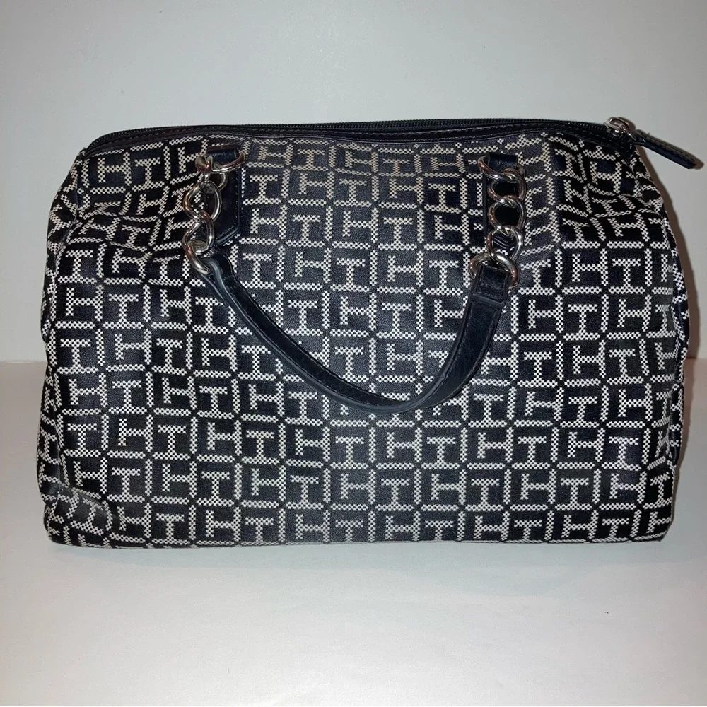 Tommy Hilfiger Black White Satchel Handbag Bowler TH Logo Monogram Fall Purse
